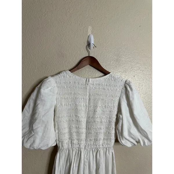 Dissh White 100% Linen Puff Sleeve Smocked Midi Dress Cottagecore Coastal US 6 - Image 10