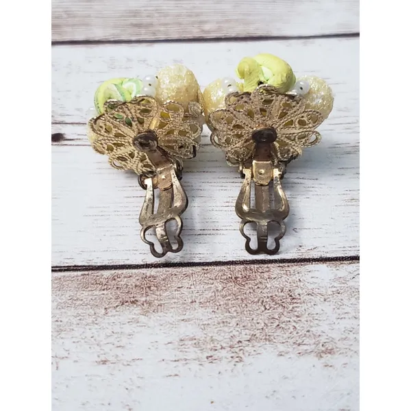 Vintage Clip On Earrings Unusual Yellow & Green 7/8" - Image 3