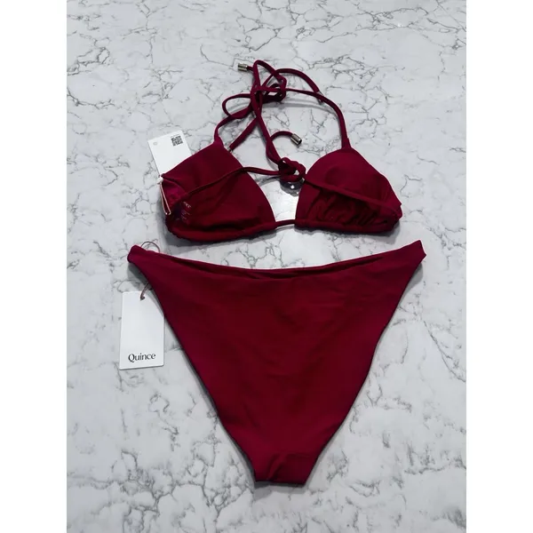NWT Quince Cherry Red Italian Triangle Bikini Top & Low Rise Bottom Set Small - Image 2