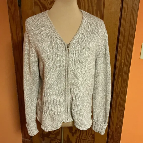 Y2K Christopher & Banks Oatmeal Zip Cardigan L Ramie Cotton Knit Sweater - Image 5