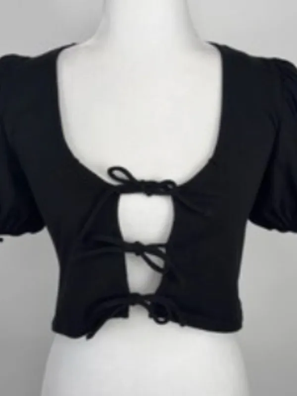 Free People Kitty Tee Black Cropped Puff Sleeve Tiered Tie-Front Closure Size XS - Image 3