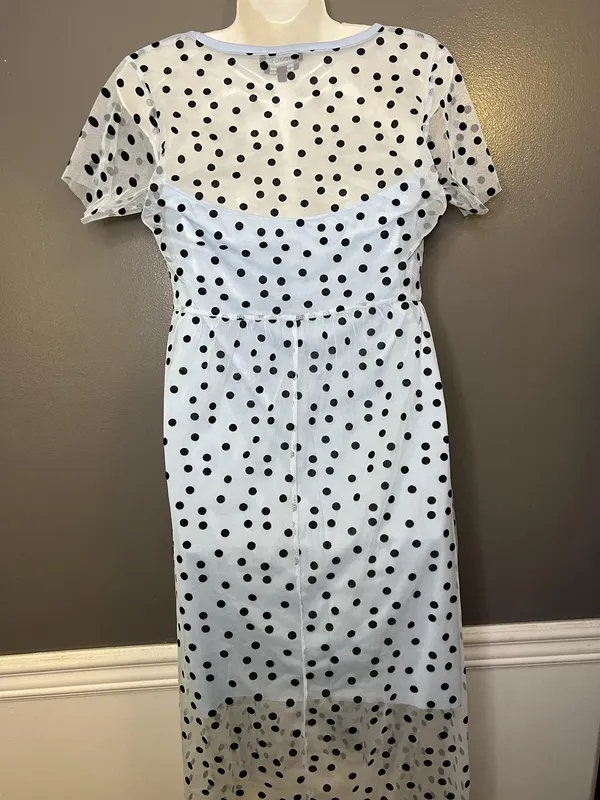 Wednesday's Girl Dress Womens Small Polka Dot Mesh Sheer Fit Flare Midi Blue - Image 6