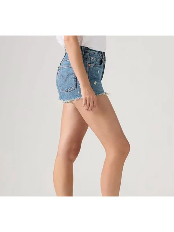 New Levi's Size 31 501 Original Shorts Floral Embroidered Medium Wash - Image 3