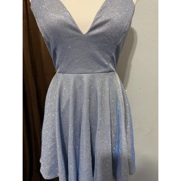 Windsor Light Blue Glitter Skater Dress Siz S V-Neck Lace Up Back Mini Prom Glam - Image 13