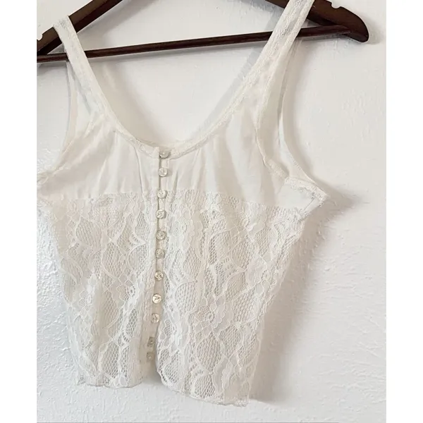 Free People Lace Tank Top M Reversible White Button Front Boho Crop - Image 3