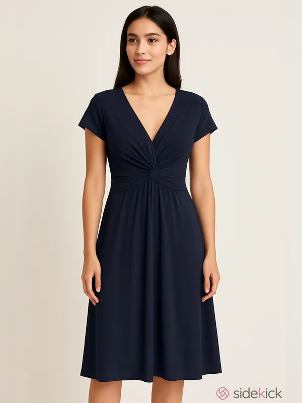 Three Dots EM595 Flutter Sleeve V-Neck Midi Dress Navy Blue Medium Twist Frontl - Image 2