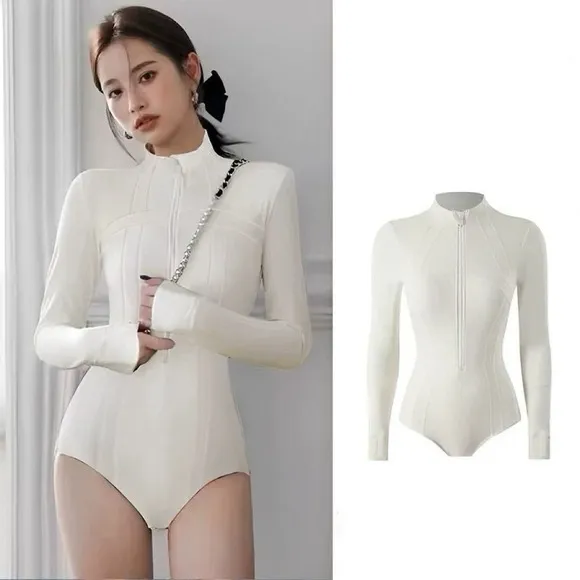 White Zip Front Long Sleeve One Piece Swimsuit Bodysuit Fits S‎ - Image 2