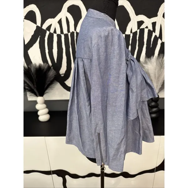 Zara Basic Chambray Ruffle Button Front Blouse Women’s XS Blue Long Sleeve EUC - Image 6