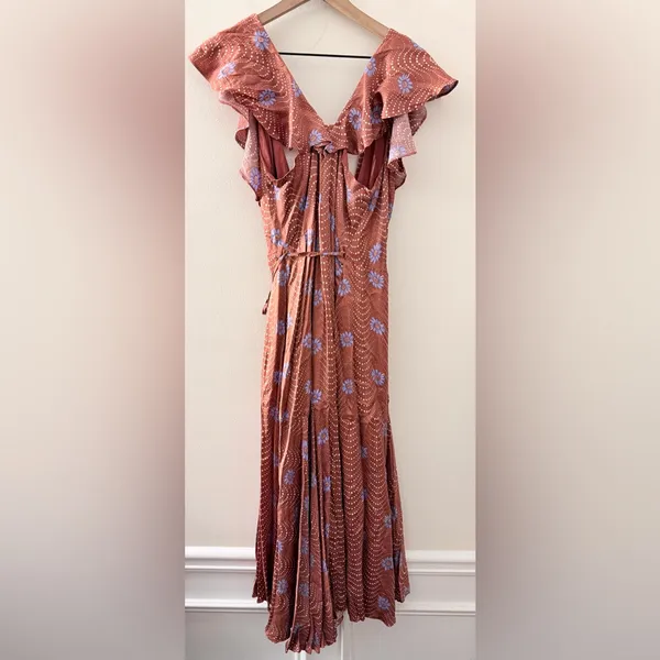 Anthropologie Ruffle Sleeve Printed Wrap Maxi Dress brown cornflower S - Image 5
