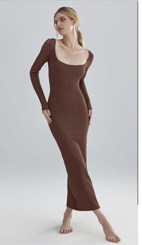 NEW Brown Bodycon Ribbed Long Sleeve Square Neck Maxi Dress XS - Image 4