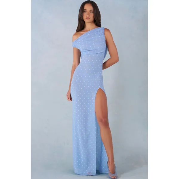 Oh Polly Nivara One-Shoulder Maxi Dress in Blue Polka Dot Size 2 - Image 3