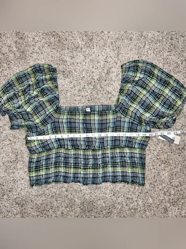 BP Plaid Square Neck Smocked Crop Top Blouse 1X Green Blue Black NWT Plus Size - Image 7