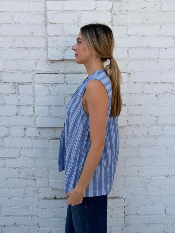 Sharagano blue striped sleeveless blouse sz 14 #western #boho #beach #mom - Image 4