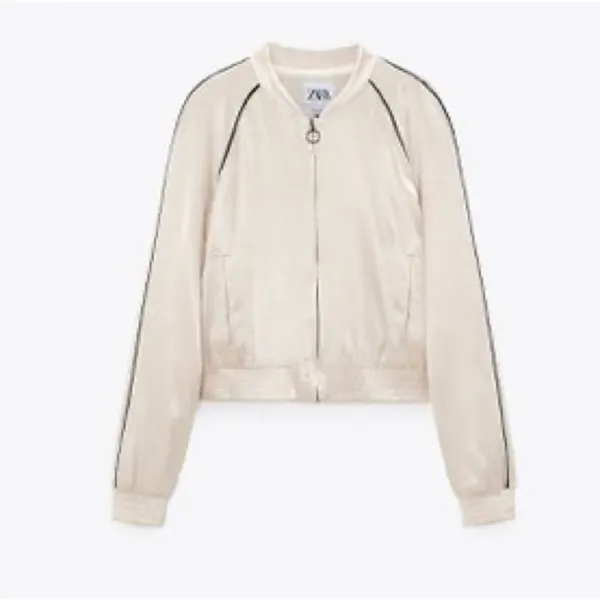 Celebrity Zara Satin Bomber Jacket Zip Down Cream XS - Image 3