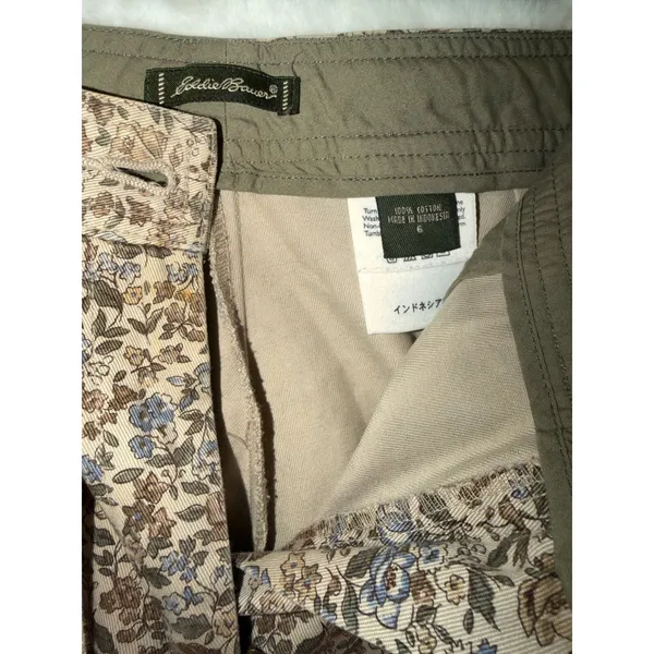 Eddie Bauer Floral Pants Womens 6‎ Tan Blue Cotton Drawstring Wide Leg - Image 2