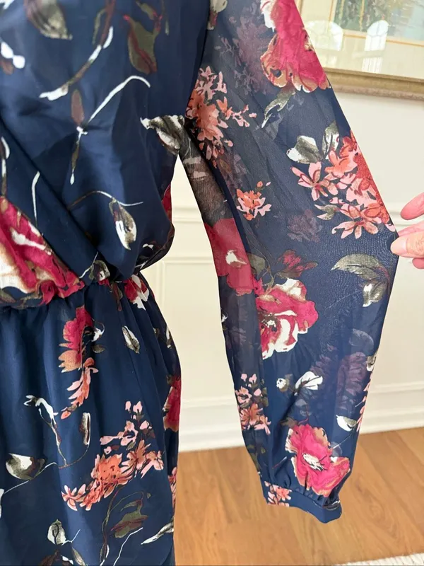 Lulus Pretty Pretender Navy Blue Floral Print Sheer Long Sleeve Mini Dress L - Image 7