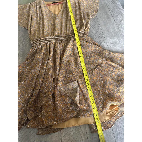 Storia Brown Floral Ruffle Mini Dress Butterfly Sleeves Women’s size Medium - Image 10
