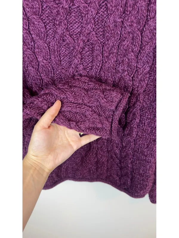 Aran Sweater Market 100% Merino Wool Cable Knit Cowl Neck Purple Sweater M - Image 4