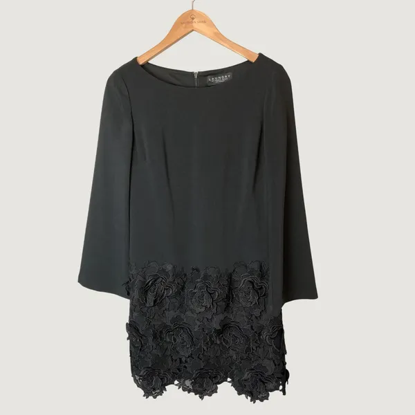 Laundry by Shelli Segal Black 3D Floral Lace Hem Shift Dress Long Sleeve Size 2 - Image 3