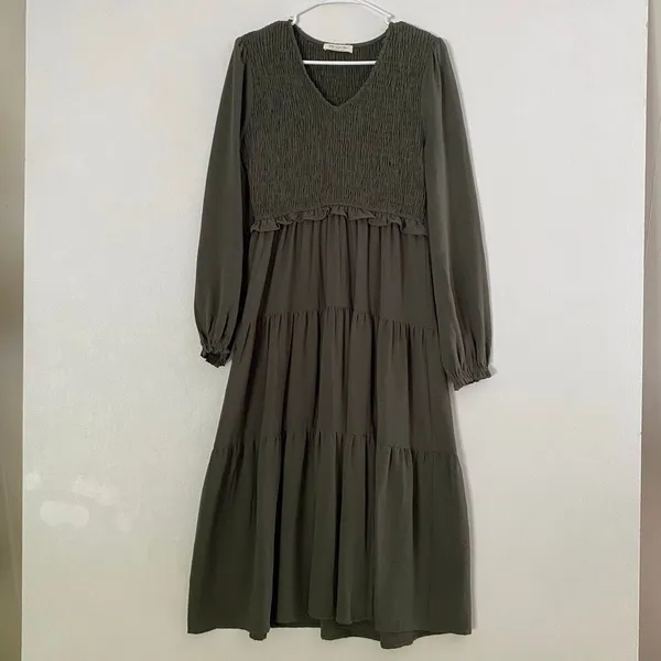 Doe and Rae Olive Smocked Midi Dress Small Cottagecore Boho - Image 2