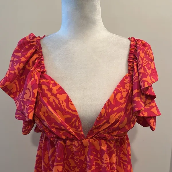 NWT Glam Orange and Pink Print Tie Back Dress Sz M - Image 4