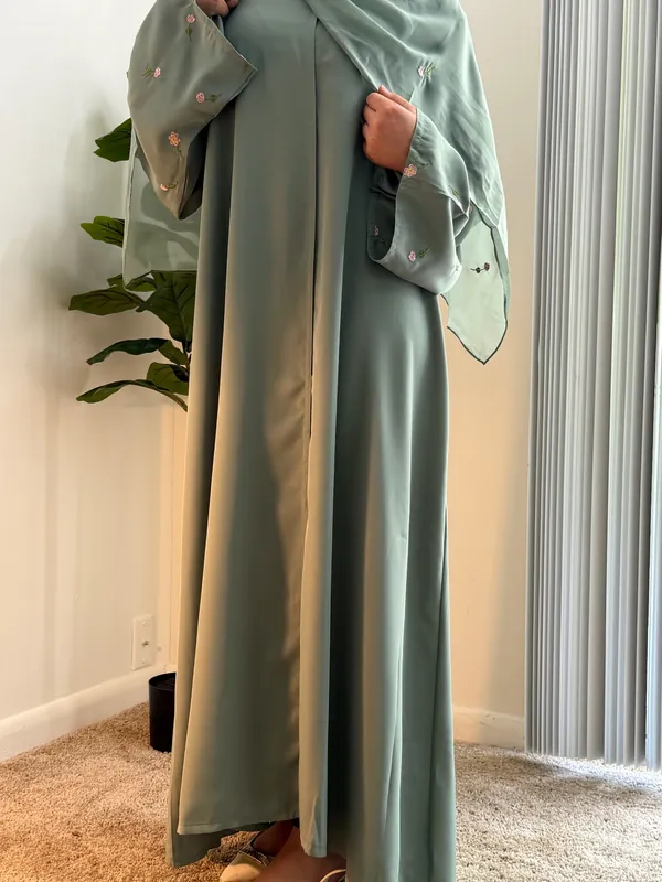 Teal Abaya Floral 2 Piece Green Size M - Image 3