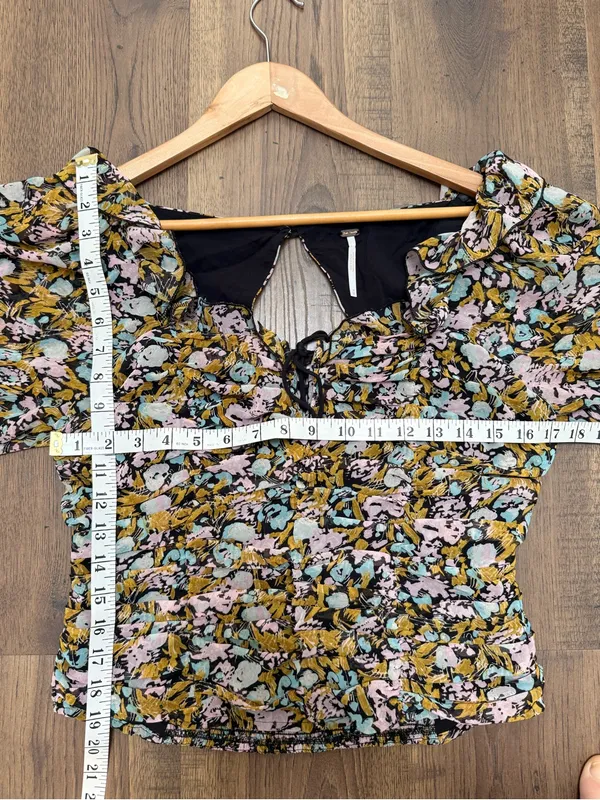 Free People Mabel Printed Blouse Black‎ Multi Floral Ruched Puff Sleeve Medium - Image 4