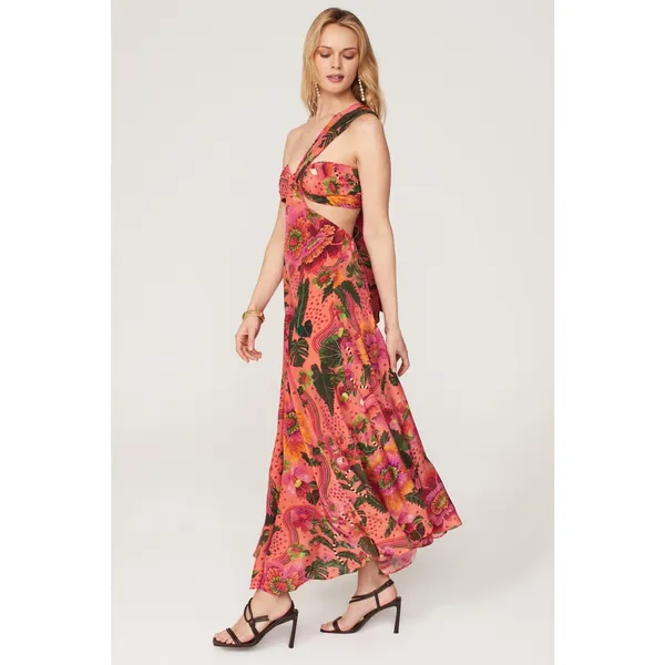 Farm Rio Blooming Garden Floral Print One Shoulder Cut Out Cocktail Maxi Dress M - Image 3