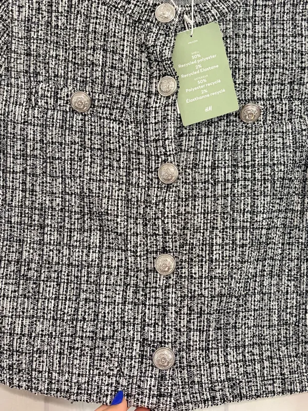 H&M Tweed Plaid Cardigan Jacket Black White Cropped Preppy Quiet Luxury Academia XS - Image 4