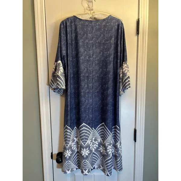 Chelsea Taylor 2X Blue Faux Denim Dress Lace Trim Ring Neck Stretch Midi Plus - Image 13