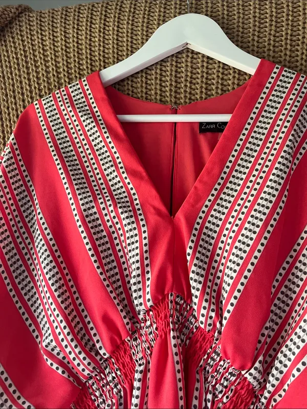 Red Striped V‑Neck Tiered Midi Dress - Image 5