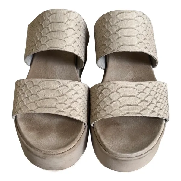 J/Slides NYC Womens 8.5 Taupe Snakeskin Embossed Leather Platform‎ Slide Sandals - Image 4