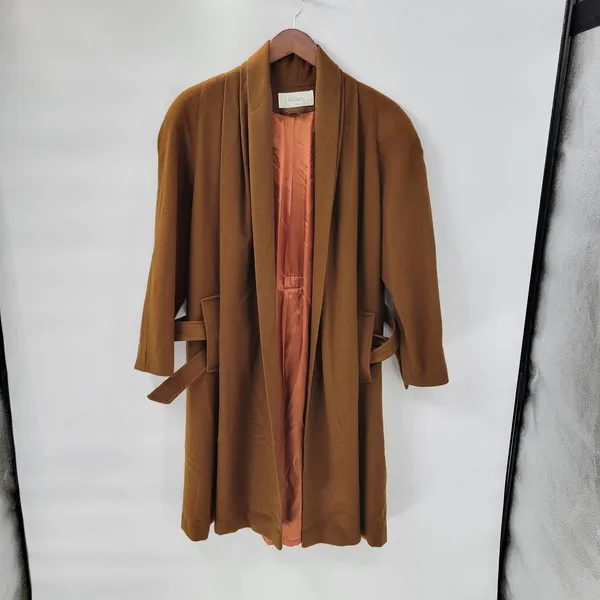 Vintage J. Hilary Wool Coat Womens 4 Belted Camel Brown Long Trench Made in USA - Image 4