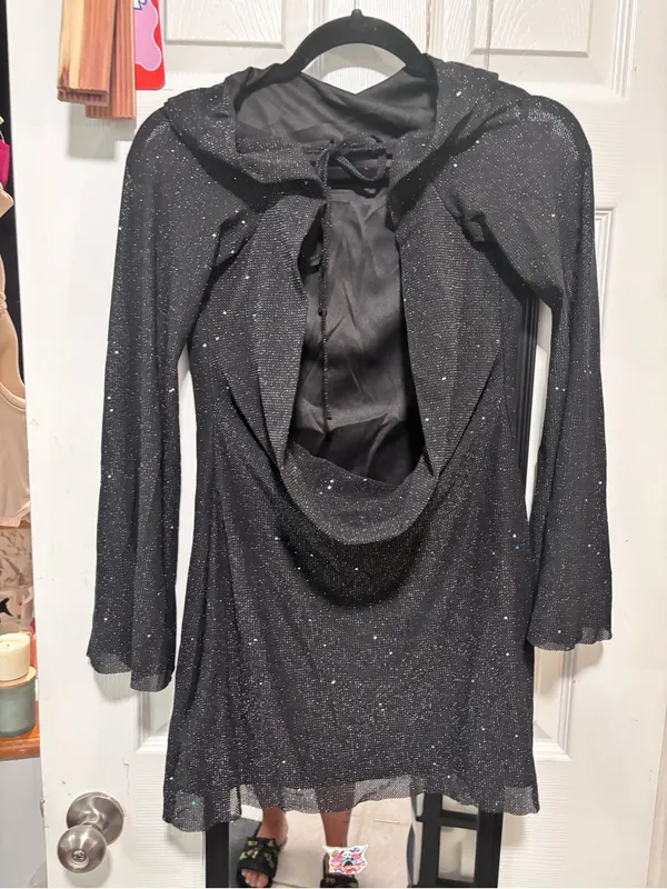 New! Black Sparkly Sequin Backless Tie Mini Long Sleeve mini dress - Image 7