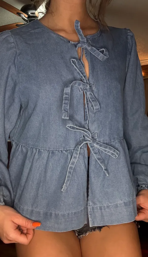 Long Sleeve Jean Blouse Blue Size M - Image 2