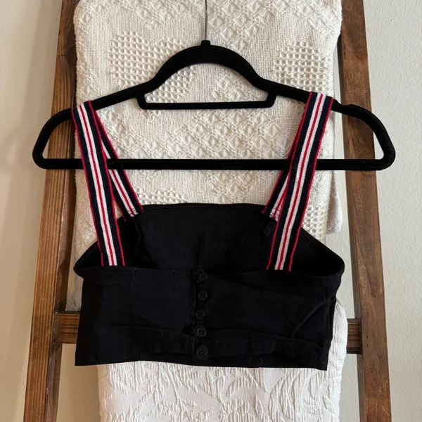 NWOT Urban Outfitters Black Cropped Top with Black, White & Red Striped Straps - Image 4