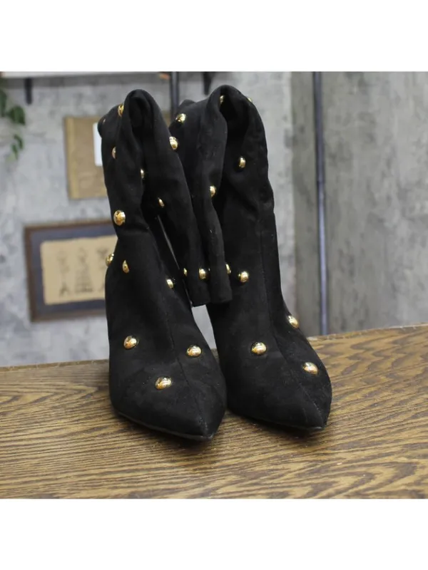 A New Day Studded Faux Suede Mid-Calf Boots with Cone Heel Jet Black / Gold 9M - Image 4