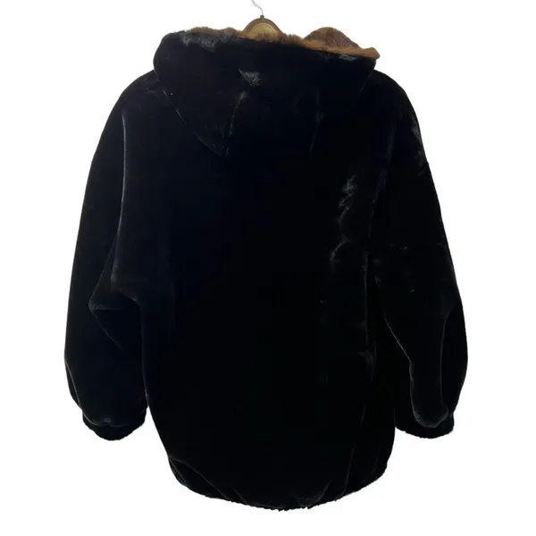 Gallery Coat Sz Large Black‎ Faux Fur Hooded Luxurious City Formal Designer - Image 2