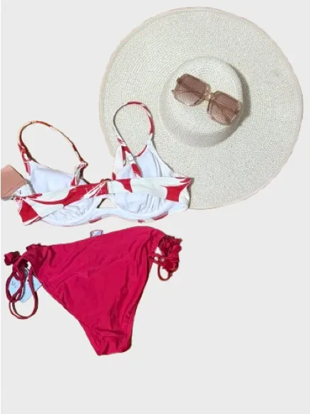 Shade & Shore Red Floral Bikini Set with Tie-Side Bottoms - Image 2