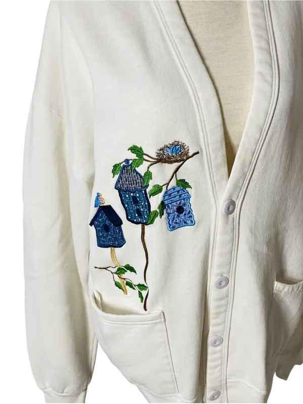 VINTAGE JERZEES Embroidered Birds Birdhouse Cardigan - Image 3