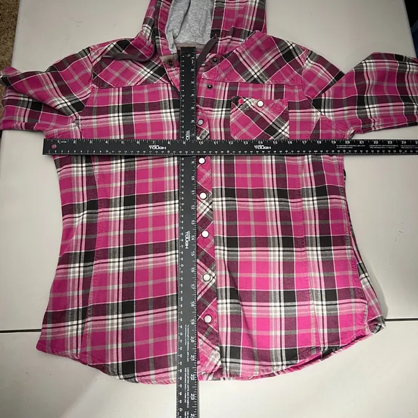 Carhartt Flannel Shirt Womens Small‎ Pink Plaid Hooded Pearl Snap Rugged Shacket - Image 2
