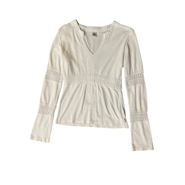 Vintage Prana Cream Blouse Womens Medium Used Organic Cotton Crochet Top - Image 4