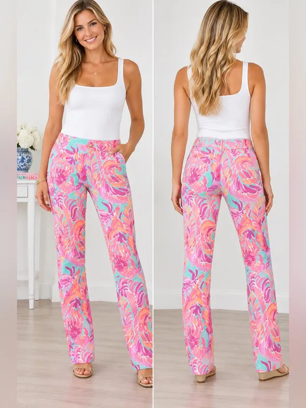 Lilly Pulitzer Floral Print Straight Leg Pants Pink Aqua Size 00 - Image 2