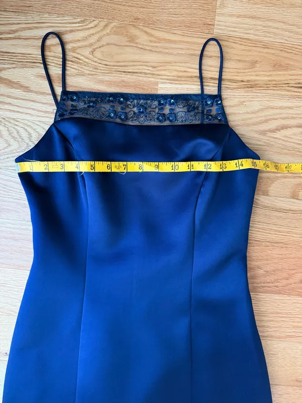 Vintage Y2K Alex Evenings Navy Satin Lace Sequin Open Back Maxi Dress Size 6 - Image 10
