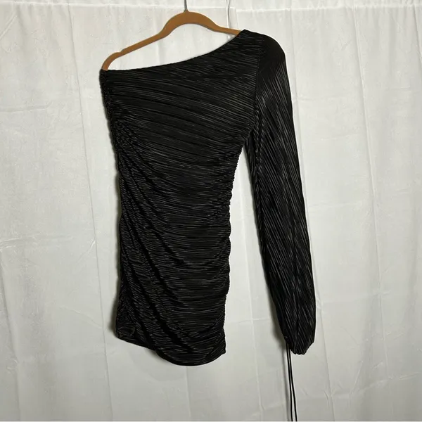 Lucy in the Sky Black‎ Ruched One Shoulder Long Sleeve Bodycon Mini Dress Large - Image 2