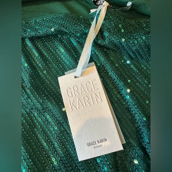 Grace Karin XL Green Sequin Cocktail Dress Asymmetrical Wrap Waist Holiday Party - Image 6