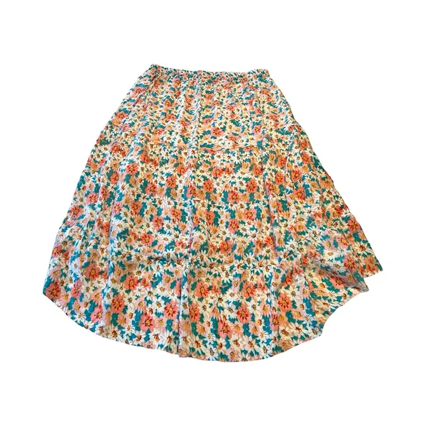 Floral Daisy‎ Tiered High Low Midi Skirt Orange Pink Teal Viscose XL - Image 4