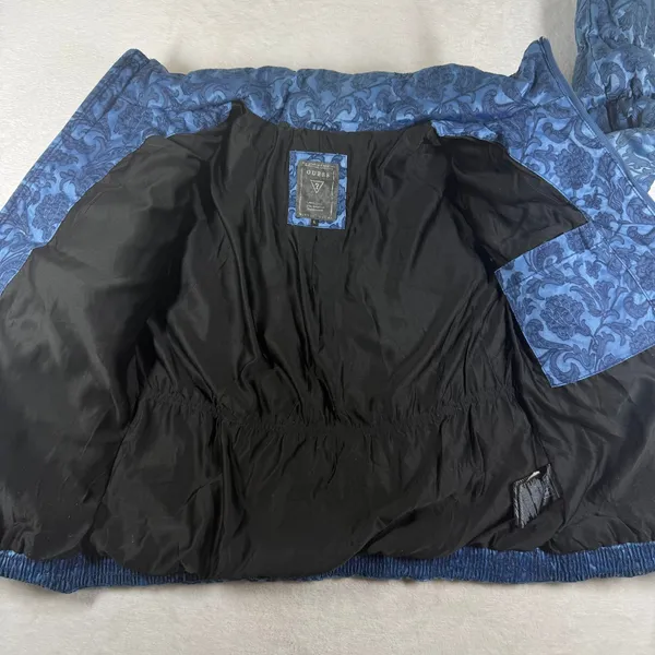 Guess Womens Blue Floral Damask Puffer Jacket Full Zip Quilted Coat Large L - Image 7