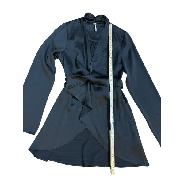 Free People Black Long Sleeve Wrap‎ Ruffle Hem Mini Dress Belted Sz M - Image 7