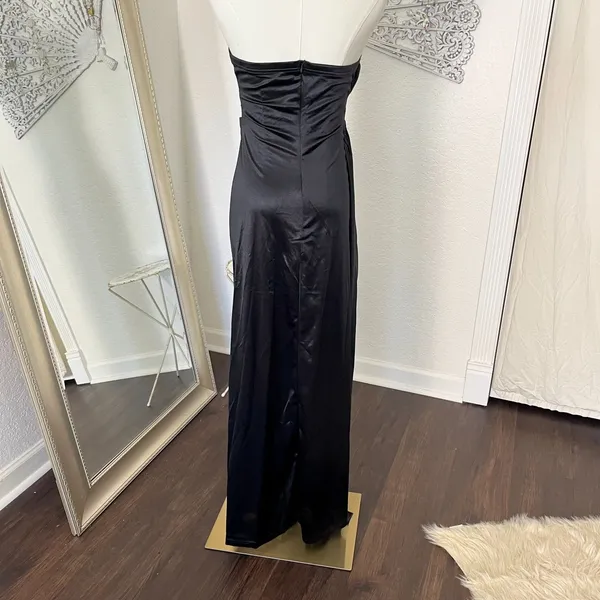Promgirl Black Satin Strapless Long V-Neck Leg Slit Evening Dress M - Image 4